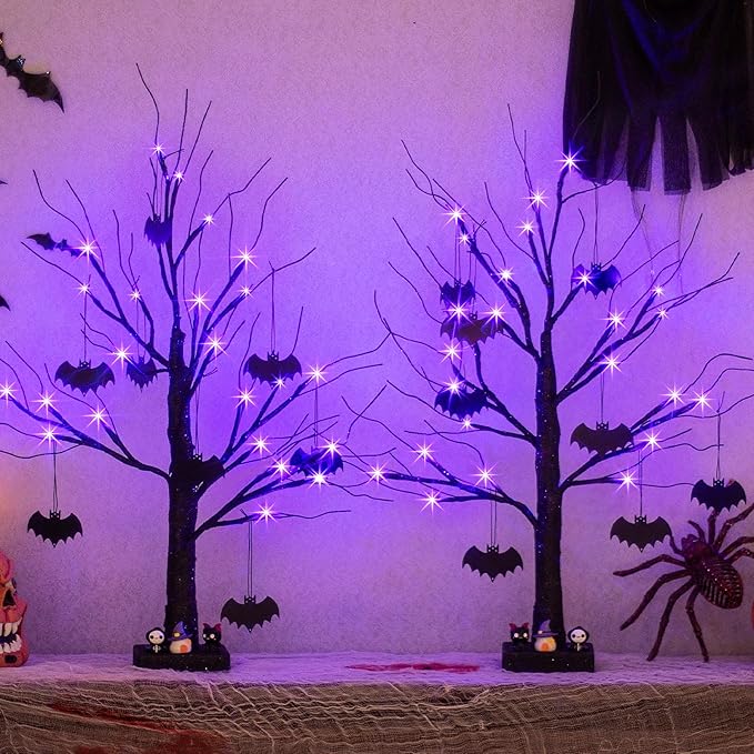PEIDUO Halloween Decorations, 2FT Black Halloween Tree with 24 Purple Lights and 8 Bat Ornaments, Light up Halloween Decorations with Timer for Indoor Home Desk Table Decor (2PK)