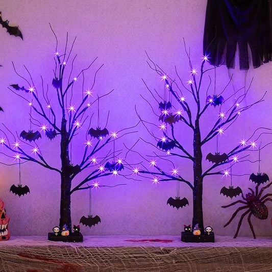 PEIDUO Halloween Decorations, 2FT Black Halloween Tree with 24 Purple Lights and 8 Bat Ornaments, Light up Halloween Decorations with Timer for Indoor Home Desk Table Decor (2PK)