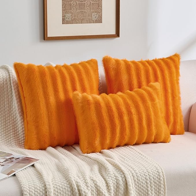 FUTEI Orange Decorative Throw Pillow Covers 18x18 Inch Set of 2,Soft Fluffy Faux Mink Fur Dyeing Striped Textured Cushion Case,Modern Home Decor for Couch Bed Living Room
