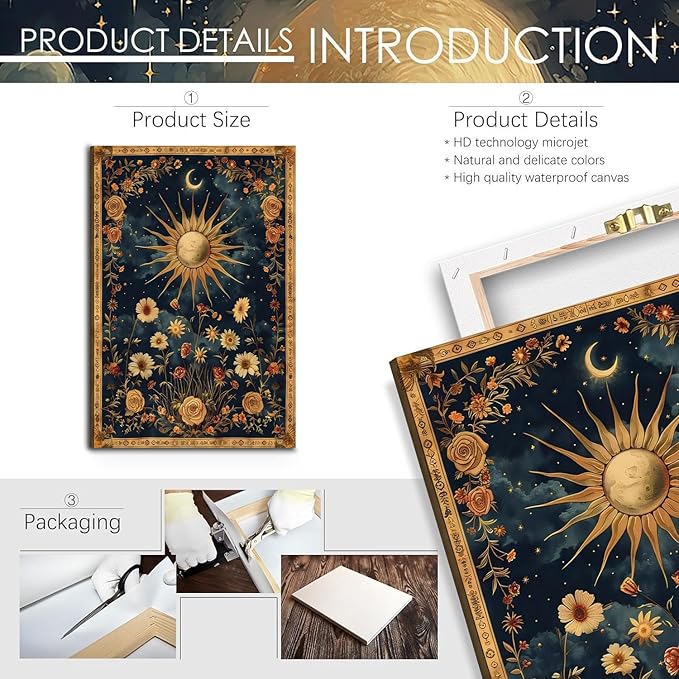 Sun and Moon Celestial Canvas Wall Art Tarot Crescent Moon Wall Decor Pictures Gothic Wildflowers Painting Posters Prints Aesthetic Dark Academia Vibe Artwork for Bedroom Home Decor Framed (16inx24in canvas)