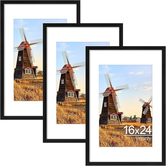 Vittanly 16x24 Picture Frame with Plexiglass - Large Black Poster Frame for Wall Display - Includes 12x18 Mat, Made of Durable PVC Design - 3 Pack