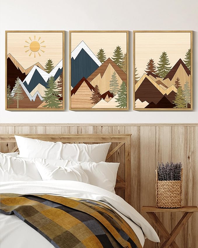 KUVIOKE Morden Mountains Pine Tree Forest Framed Wall Art Sunrise Boho Nature Landscape Artwork Bohemain Farmhouse Bedroom Living Room Decor 11x14in (Natural Framed)