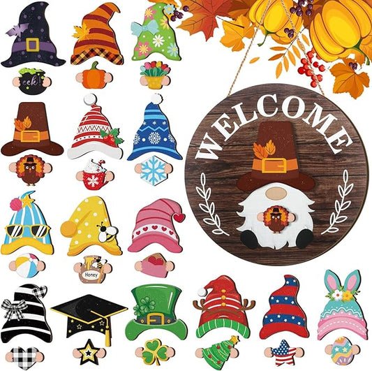 Qunclay Interchangeable Wooden Gnome Decor Holiday Seasonal Gnome Decorations with Magnet Pieces and Detachable Hats Changeable Welcome Sign for Home(Attractive Style)