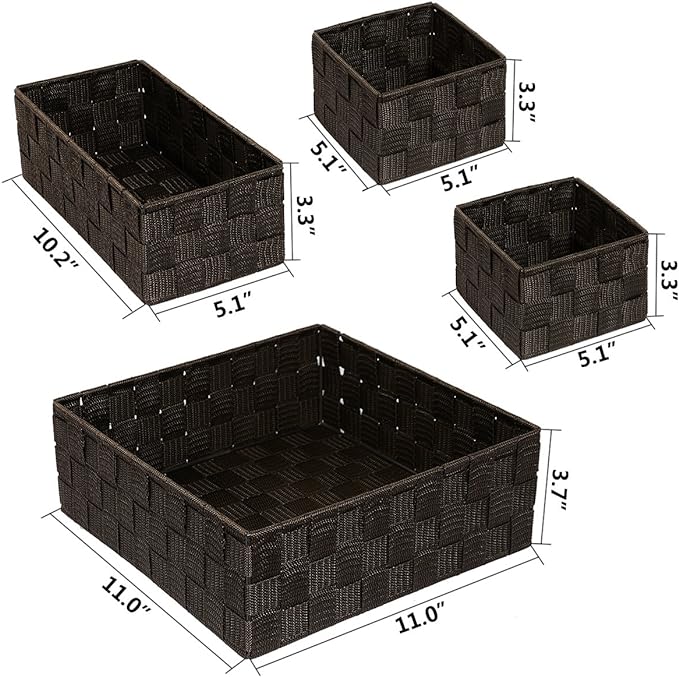 Posprica Woven Storage Baskets for Organizing, Small Baskets Cube Bin Container Tote Organizer Divider for Drawer, Closet, Shelf, Dresser, Set of 4(Brown)