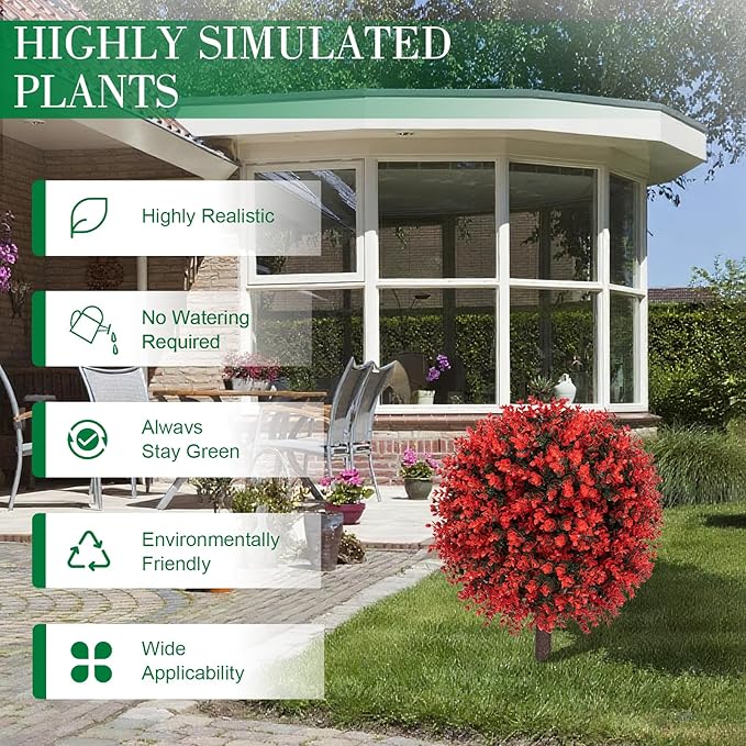 Set of 2 Artificial Red Boxwood Topiary Ball Bush for Outdoor with Ground Spike 22", UV Resistant Faux Greenery Shrubs, Fake Red&Green Boxwood Plants for Garden, Yard, Porch, Patio Decor