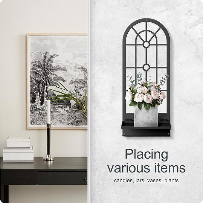 Wall Candle Holder, Black Boho Metal Wall Art Decor, Bohemian Line Wall Candle Holder for Living Room, Dining Room, Bedroom, Bathroom (16.5 x 7 in)