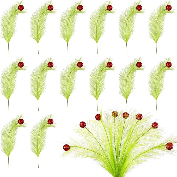 Hananona 60 pcs 15" Green Picks and Sprays Christmas Stems Bulk with Red Ball Xmas Artificial Pampas Stems for Christmas Tree Decor,Vase Fillers, Crafts Home Decorations (60, Green)