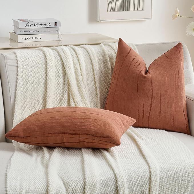 FUTEI Rust Chenille Decorative Throw Pillow Covers 12x20 Inch Set of 2,Soft Embossed Striped Textured Lumbar Pillow Cases,Modern Home Decor for Couch Bed Living Room