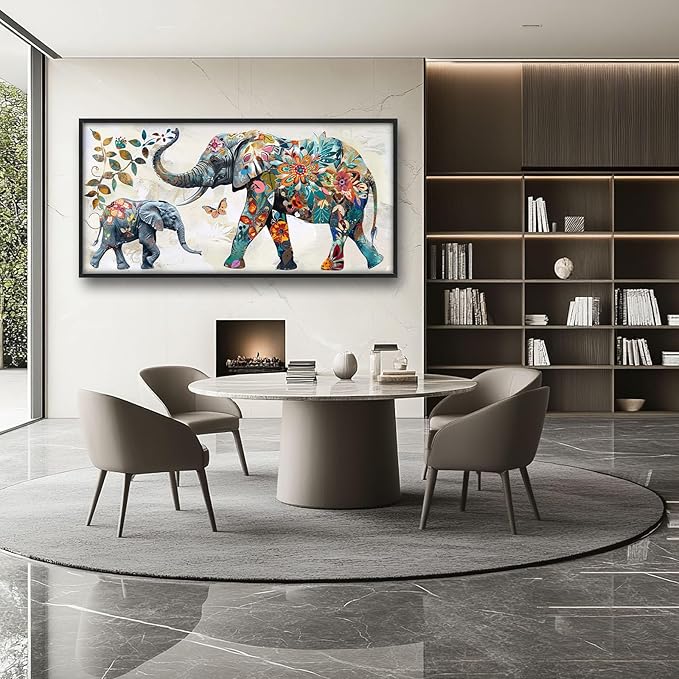 Abstract Elephant Large Framed Wall Art Oversized Floral Elephants Pictures Wall Decor Flower Leaf Butterfly Canvas Print Painting Aesthetic Modern Artwork for Living Room Bedroom Office Bathroom Home Decor 60L"x30W"