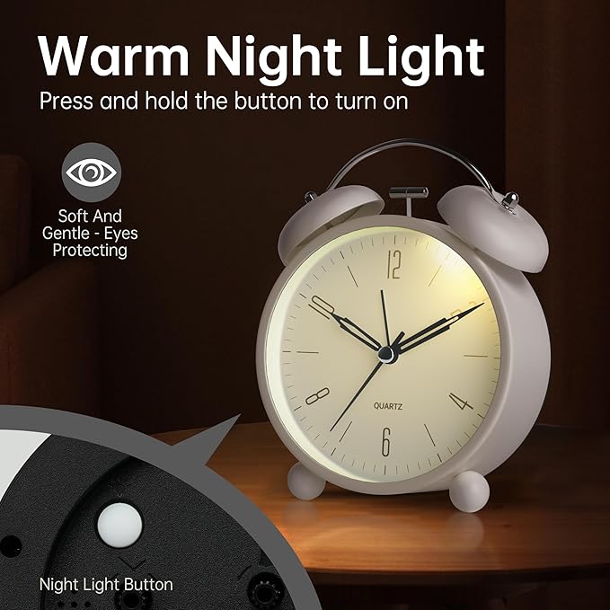 Twin Bell Loud Alarm Analog Alarm Clock, 4 inch Super Silent Non Ticking Small Clock with Night Light, Battery Operated, Simple Design, Old Fashioned, for Heavy Sleeper, Bedroom, Bedside, Desk, White