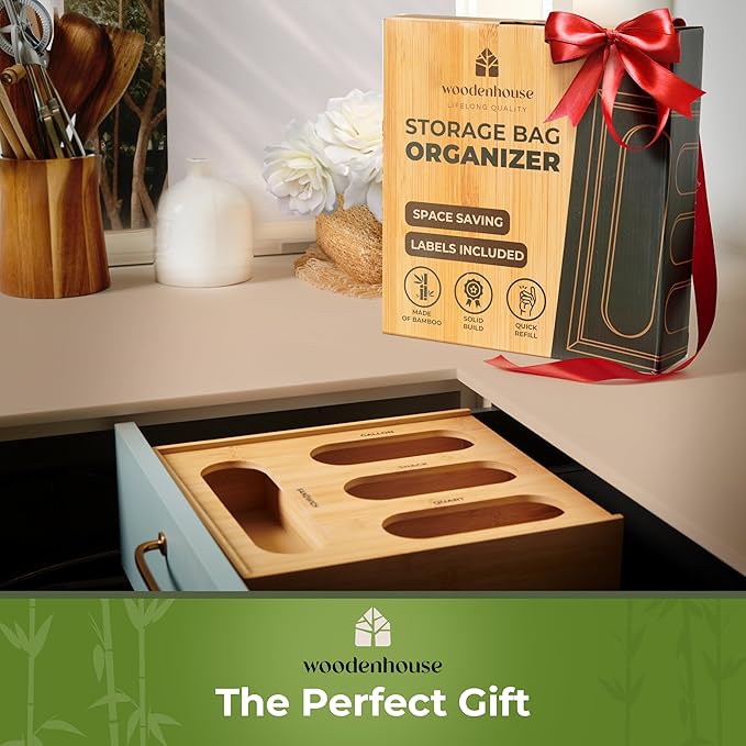 Bamboo Storage Bag Organizer, Sandwich Bag Organizer - Single block Design with Labels Included, Baggie Organizer for drawer, Quick Refill Slider, Compatible with Half Gallon, Quart, Snack size bags