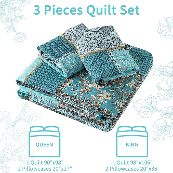 VAPUTAR Oversized King Size Quilt Bedding Set - Cotton California King Size Bedspreads (108 * 118 in) - Lightweight Floral Quilts for Farmhouse Bedroom (Teal/Green Chic, 3 Pieces)