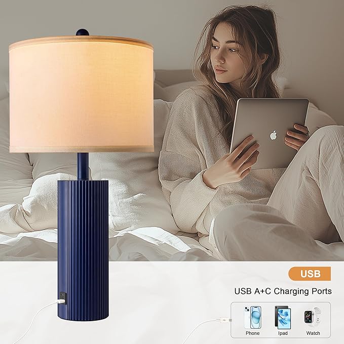 24.5" Blue Table Lamps Set of 2, Modern Living Room Touch Lamps with USB C+A Ports, 2 Bulbs Included, Table Light Fixture for Nightstand, Creative Stripe Bedside Lighting