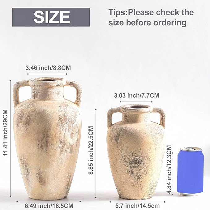 Large Ceramic Flower Vase,11.41 inch Tall Terracotta Farmhouse Rustic Vase with 2 Handles for Home Decor, Living Room Shelf Decor, Enterway, Wedding, Table Decoration