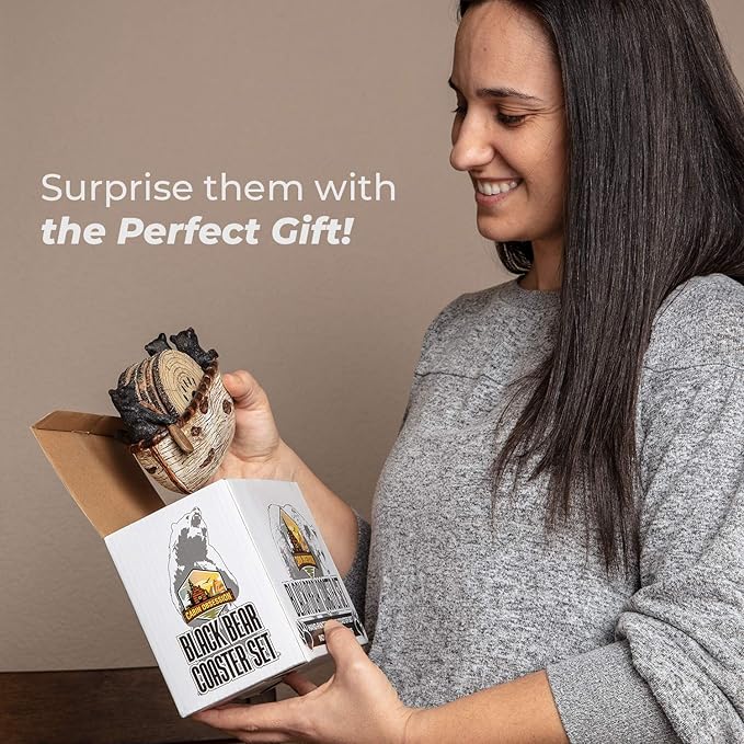 Bear Coasters Set of 6 Full Size Rustic Coasters in Handmade Canoe with Adorable Black Bear Figurines | Black Bear Log Cabin Decorations, Rustic Lodge Decor for The Home