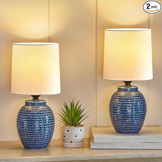 Table Lamps Set of 2-13.75" Small Bedside Lamps - Classic Farmhouse Ceramic Table Lamp for Bedroom, Living Room, Nightstand, Office, Side Desk Lamp, End Table