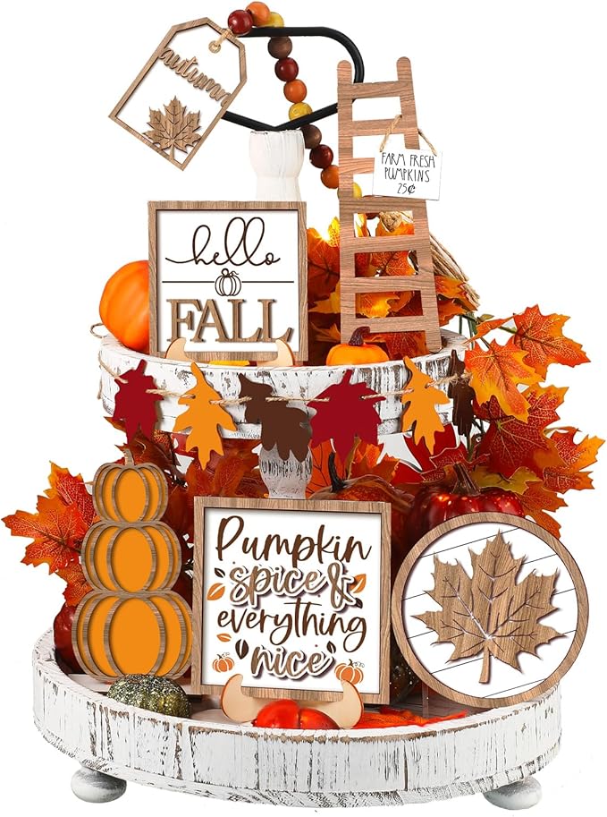 Maitys 13 Pcs Fall Tiered Tray Decor Set Thanksgiving Pumpkin Gnome Rustic Farmhouse Decoration Autumn Decor Autumn Harvest Decorative Trays Wooden Tabletop Signs for Home Kitchen(Rustic Style)