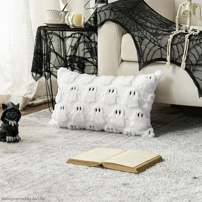 AVOIN colorlife Halloween Ghost White Throw Pillow Cover Set of 2, 12 x 20 Inch Soft Plush Faux Fur Jacquard Spooky Cushion Case Decoration for Sofa Couch