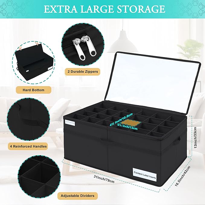 Luvhomee Shoe Storage Organizer, Fits 24 Pairs, Large Shoe Organizer Box for Closet, Clear Foldable Shoes Containers w/Bottom Support, Space Saving Shoe Cubby Storage Boxes w/Reinforced Handles, Black