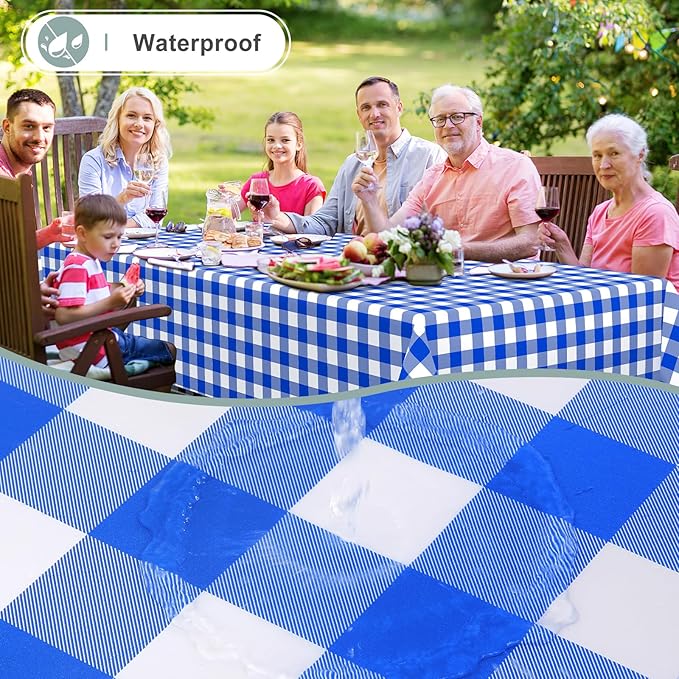 misaya Rectangle Waterproof Vinyl Table Cloth, Buffalo Flannel Backed Tablecloth, Wipeable Plastic Table Cover for Seaside, Picnic, Outdoor (54" x 120", White and Blue)