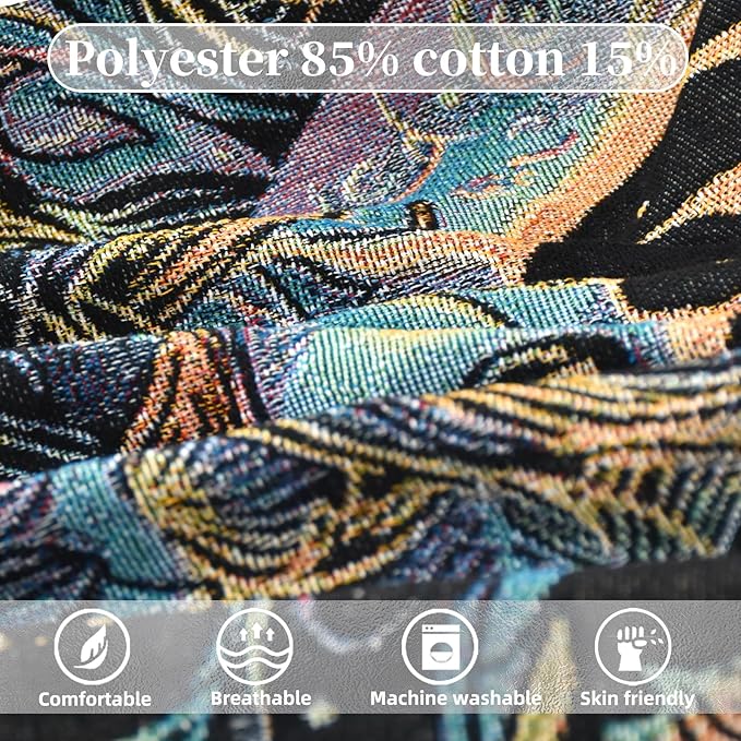 Boho Throw Blanket Reversible Cotton Bohemian Tapestry Hippie Room Decor Outdoor Blanket Double Sided (Boho Sun Black 50"x60")