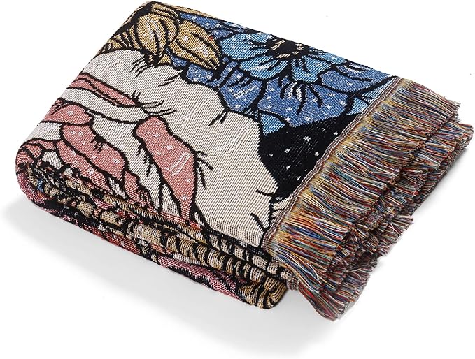 Boho Throw Blanket Reversible Cotton Bohemian Tapestry Hippie Room Decor Double Sided (Boho Flower Dark 50"x60")