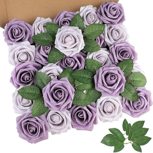 AmyHomie 25pcs Real Looking Artificial Pale Lavender Roses w/Stem for DIY Wedding Bouquets Centerpieces Arrangements Party Baby Shower Home Decorations