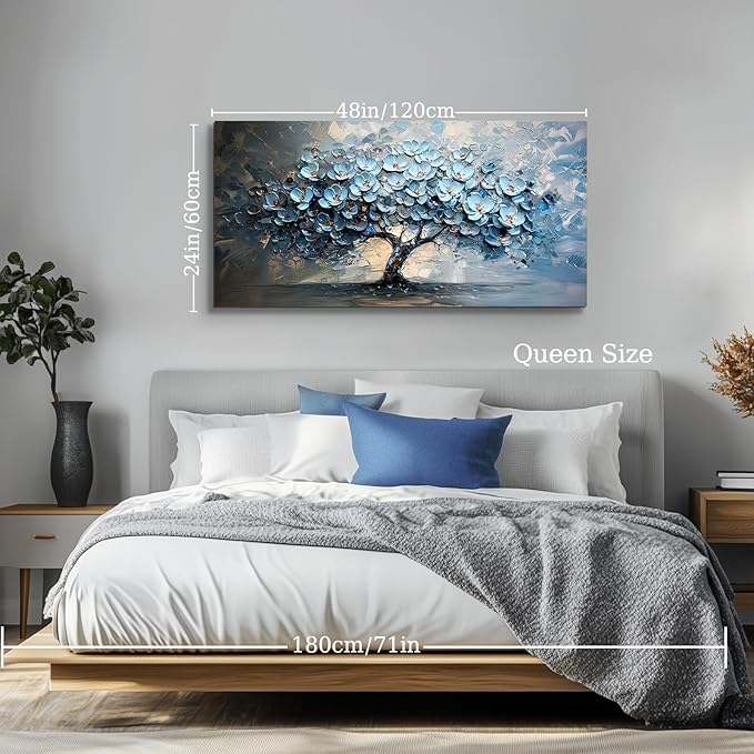 crmotu Tree of Life Large Wall Art for Living Room, Blue Floral Tree Abstract Canvas Prints Aesthetic Pictures, Modern Neutral Wall Decor for Bedroom Bathroom Office, Nature Botanical Decor 24"X48"