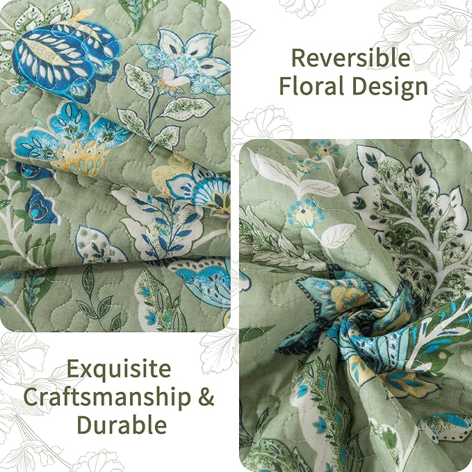 VAPUTAR King Quilt Bedding Set - Cotton Bedspreads King Size (98 x 106 inch) with Floral Pattern, Farmhouse Lightweight King Size Quilt Suitable for All Season（3 Pieces, Olive Green）