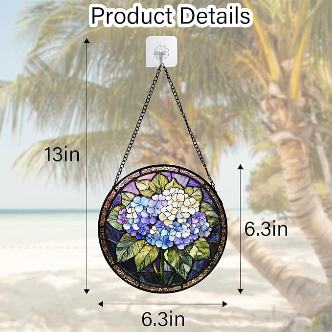 Stained Glass Window Hanging, Hydrangea Flowers Sun Catchers Diamond Glass Panel Hangings Plant Suncatcher Decor for Birthday for Women, Men, Wife, Aunt, and Mom 6.3 in