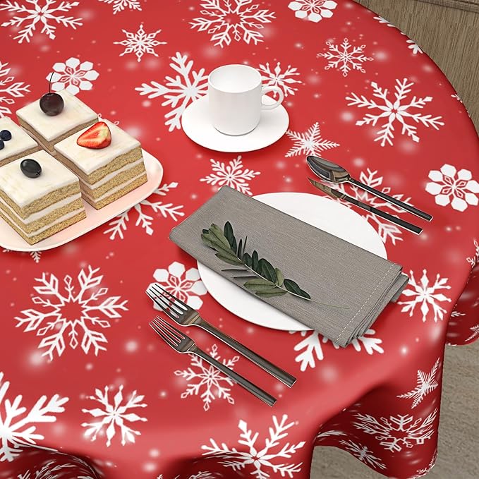 Merry Christmas Round Tablecloth 60 Inch Winter Red White Snowflakes Round Tablecloth for Christmas Washable Xmas Table Cloth for Home Kitchen Dining Room Patio Picnic Party Indoor Outdoor Decor