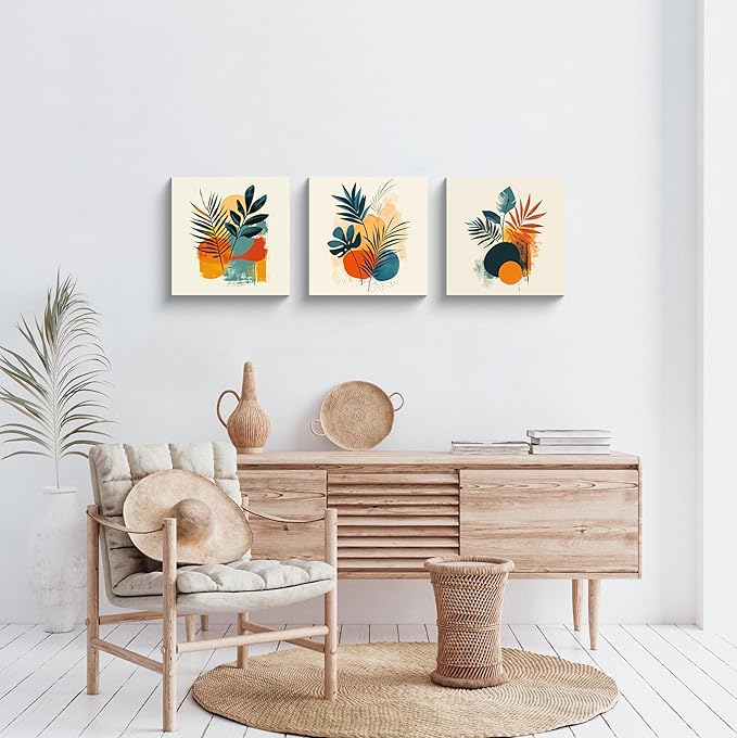 NAN Wind 3Pcs Tropical Leaf Wall Art Palm Frond and Foliage Canvas Print with Bold Orange Teal Yellow Shapes Mid-Century Modern Botanical Plant Pictures for Boho Living Room Bedroom Office Wall Decor