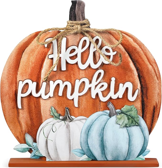 Soaoo Fall Decoration Wooden Fall Hello Pumpkin Sign Autumn Pumpkin Table Decor 11 Inch Wooden Autumn Desktop Ornament for Farmhouse Home Living Room Harvest Day Thanksgiving Decor(Orange,Warm)