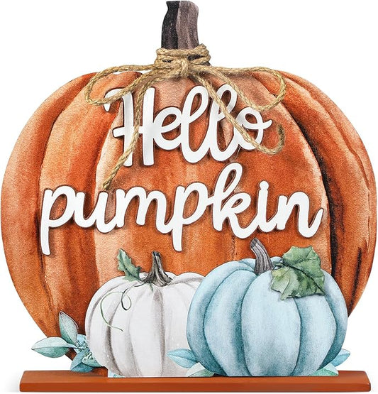 Soaoo Fall Decoration Wooden Fall Hello Pumpkin Sign Autumn Pumpkin Table Decor 11 Inch Wooden Autumn Desktop Ornament for Farmhouse Home Living Room Harvest Day Thanksgiving Decor(Orange,Warm)