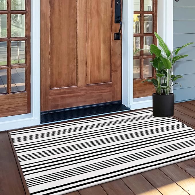 OJIA Black and White Outdoor Rug 2'x4.3', Fall Door Mats Outdoor Cotton Woven Halloween Doormat Front Porch Rug Machine Washable Indoor Door Mat Entryway Striped Rugs for Farmhouse/Kitchen