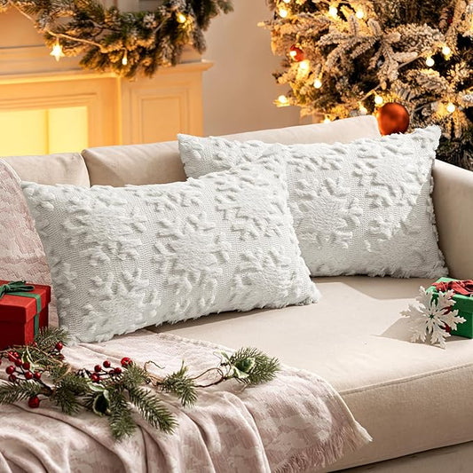 MIULEE Christmas Snowflake Decorative Throw Pillow Covers Set of 2,Soft Fluffy Faux Wool Winter Holiday Couch Pillows for Farmhouse Boho Home Decor Sofa Bed Porch Living Room 12x20 Inch Pure White