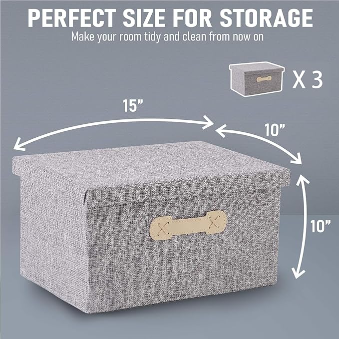 Enzk&Unity Decorative Storage Boxes with Lids, 3 Pack Grey Fabric Storage Bins with Handle, Foldbale and Stackable Storage Boxes for Shelf, Closet, Bedroom, Living Room