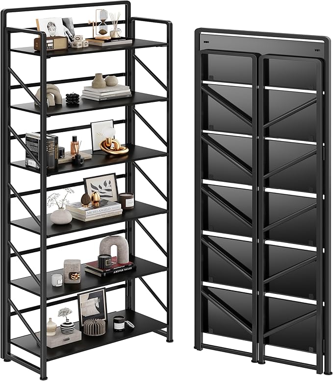 JSB No Assembly Folding Bookshelf, 6 Tier Industrial Metal Book Shelf for Storage, Vintage Wood Foldable Bookcase for Living Room, Bedroom, Office Organization Shelves