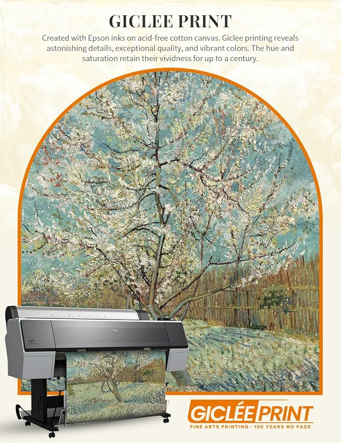 DECORARTS - The Pink Peach Tree by Vincent Van Gogh. Giclee Print on Acid-Free Canvas in Gold Solid Wood Frame. Picture Size: 16x20, Total Size: 24.75x20.75, Made in USA