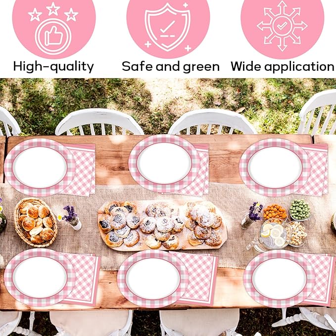 Pink Gingham Party Oval Paper Plates 11inch Pink & White Checkered Plates and Napkins, Plaid Birthday Decoration for Girls Women Party Supplies BBQ Gathering Picnic Tableware, 25 Guest