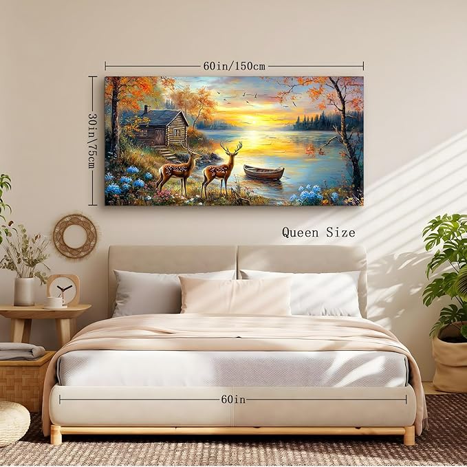 crmotu Autumn Landscape Wall Art, Elk Deer Animal Extra Large Canvas Painting, Lake Boat Sunset Scenery Art Prints, Forest Cottage Rustic Farmhouse Wall Decor Living Room Bedroom Dining Room 30X60 In