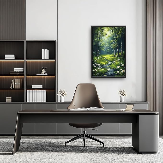 Green Forest Wall Art for Living Room, Large Tree Vertical Canvas Wall Decor, Daisy Flowers Pictures Framed Painting, Landscape Artwork for Bedroom Office Home Decor 36L'' × 24W''