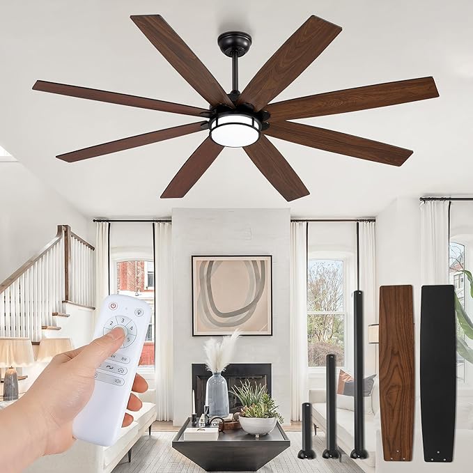 65 Inch Ceiling Fans with Lights and Remote, Farmhouse Large Ceiling Fans, Black&Brown Modern Ceiling Fan with LED Light, Quiet DC Motor for Living Room, Bedroom, Kitchen, Indoor