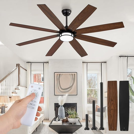 65 Inch Ceiling Fans with Lights and Remote, Farmhouse Large Ceiling Fans, Black&Brown Modern Ceiling Fan with LED Light, Quiet DC Motor for Living Room, Bedroom, Kitchen, Indoor
