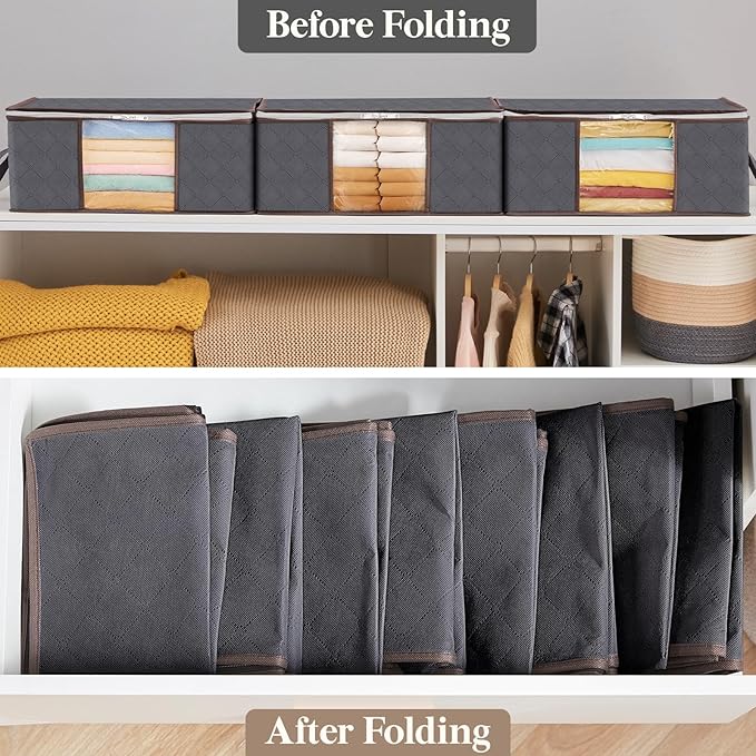 Lifewit 6 Pack Clothes Storage Bag, Foldable Storage Bin Closet Organizer with Reinforced Handle, Sturdy Fabric Blanket Storage with Clear Window, Storage Containers for Clothing, Bedding, Gray