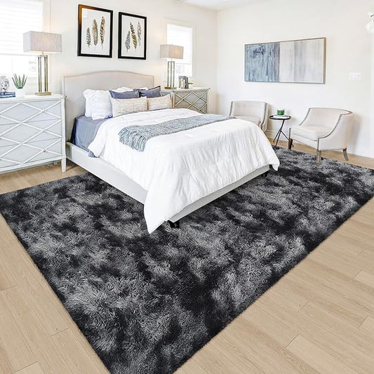 Black Grey Tie-Dyed Rug for Living Room 5x8 Fluffy Area Rug Mat Bedside Throw Rug for Bedroom Kids Room Boys Teens Nursery Baby Dorm Office Home Decor Aesthetic Carpets