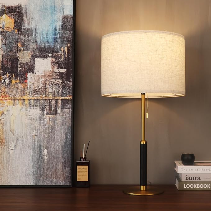 26.4" Living Room Modern Table Lamp Bedside Lamps for Bedroom 3-Color Temperatures Pull Chain Switch Nightstand Lamp for End Tables Wood Fabric for Home/Office/Desk Decor (Light Brown+Brass)
