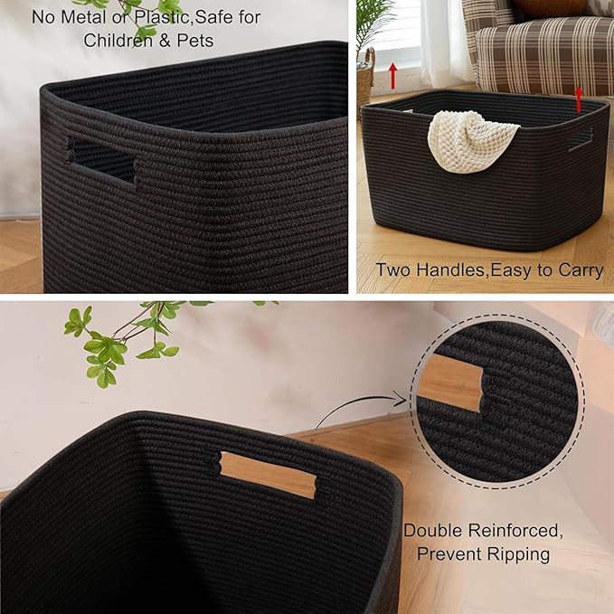 OIAHOMY XXLarge Rectangle Blanket Basket-96L, Cotton Woven Basket for Storage, Dirty Clothes Baskets for Living Room, Nursery, Bedroom, Toy Organizing with Handle, 24" x 16" x 15", Charcoal Black