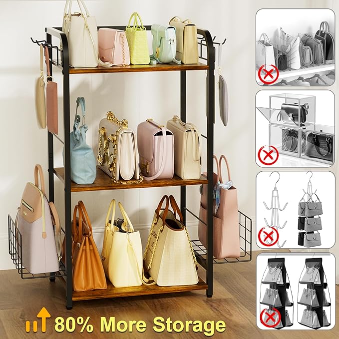Iron & Wood Floor-Standing 3-Tier Purse Rack with Adjustable Feet, High-Capacity Bag Organizer for Closet, Patent Pending