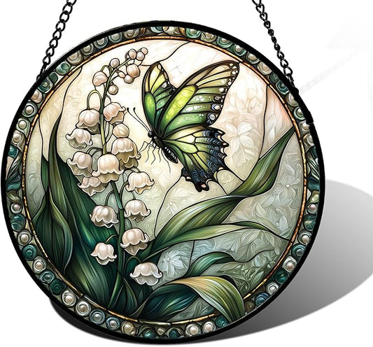 Stained Glass Window Hanging, Lily of The Valley Flower Butterfly Suncatcher for Doors Home Sun Catchers Decoration and Christmas, Mother's Day Birthday Gifts for Women, Men, Mom 11.8x11.8 in